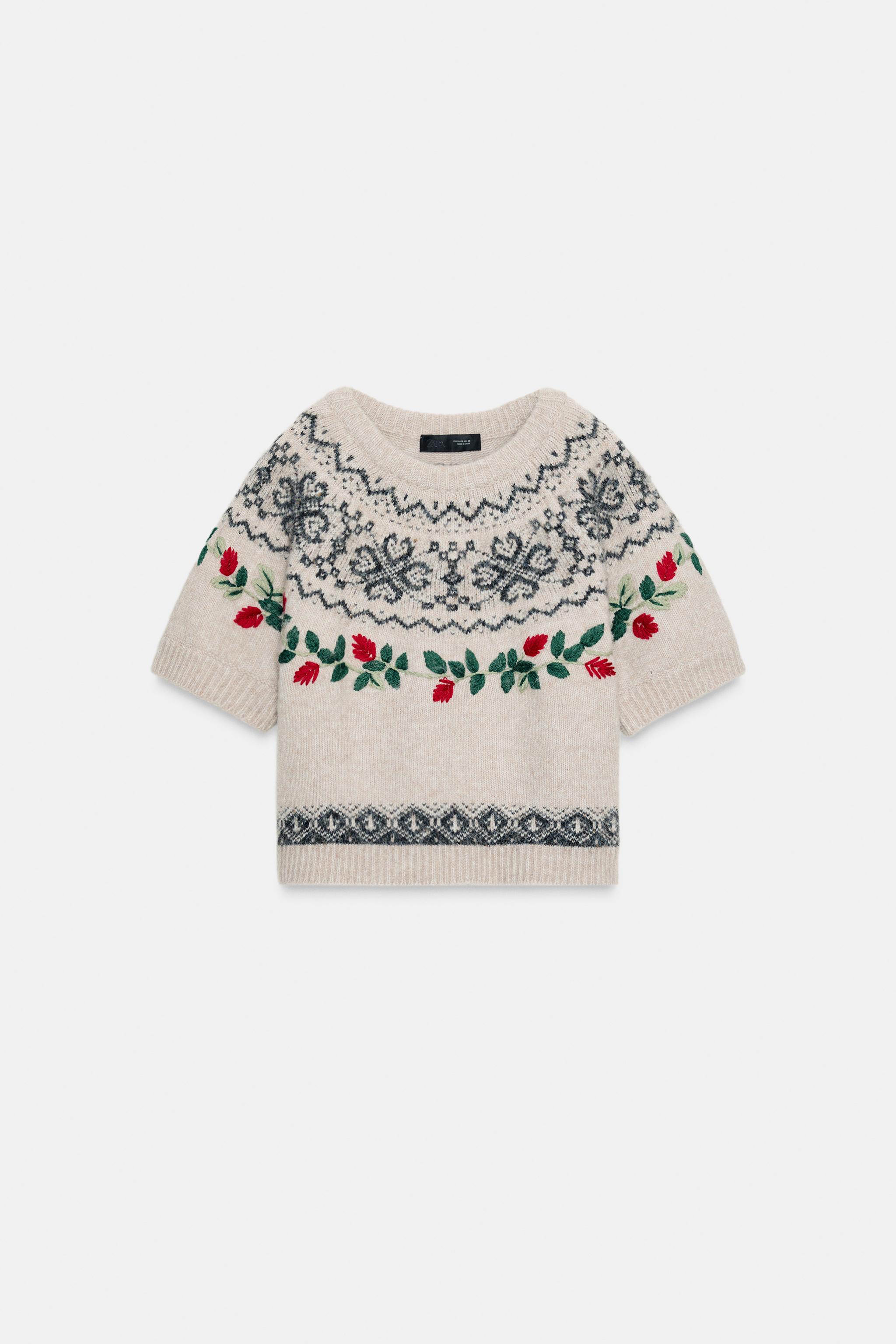 SHORT SLEEVE EMBROIDERED JACQUARD KNIT JUMPER